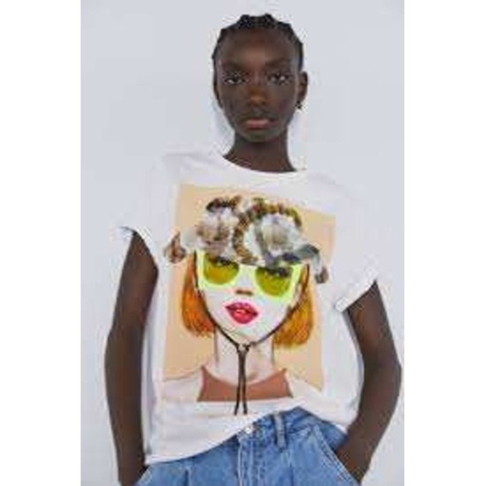 Zara Womens White Pop Art Graphic T-Shirt SMALL Streetwear Artistic Trendy